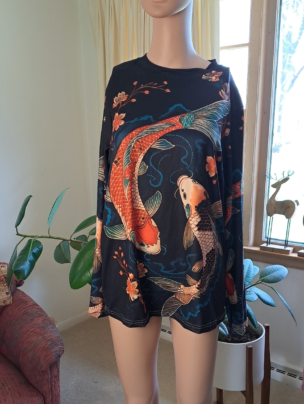Koi Fish Print Long Sleeve Top - Black & Orange